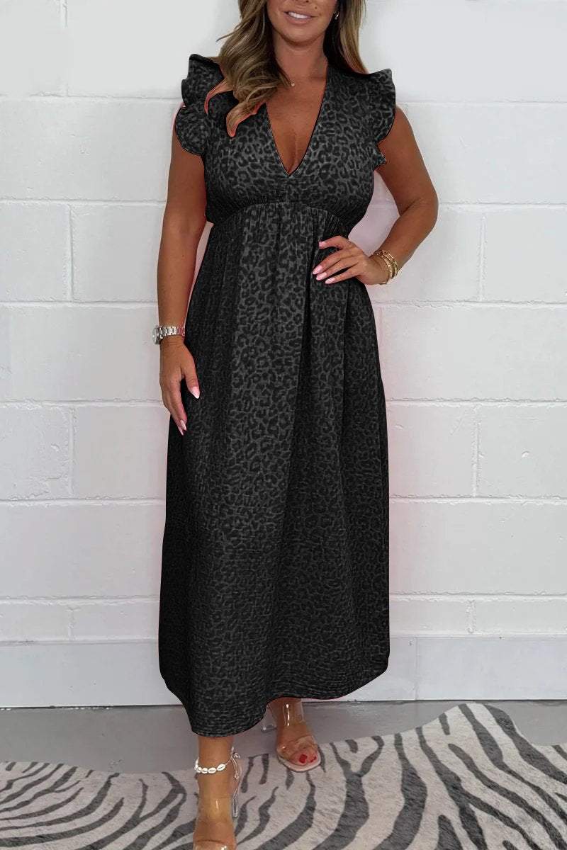 Women's Leopard Print Cheesecloth V Neck Midi Dress