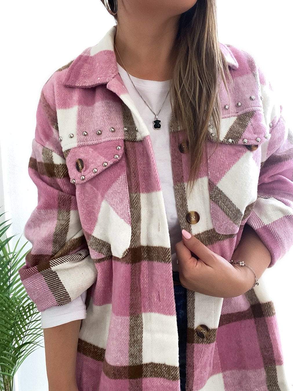 Women's Casual Beaded Plaid Jacket