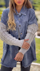 Denim Paneled Knit Hooded Jacket