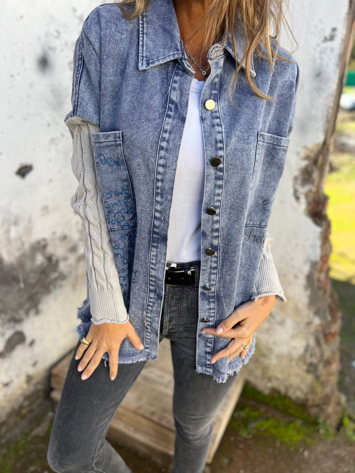 Women's Lapel Denim Knitted Patchwork Casual Jacket