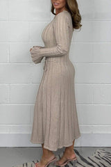 Women's Ribbed V-Neck Long Sleeve Tie Waist Knitted Maxi Dress