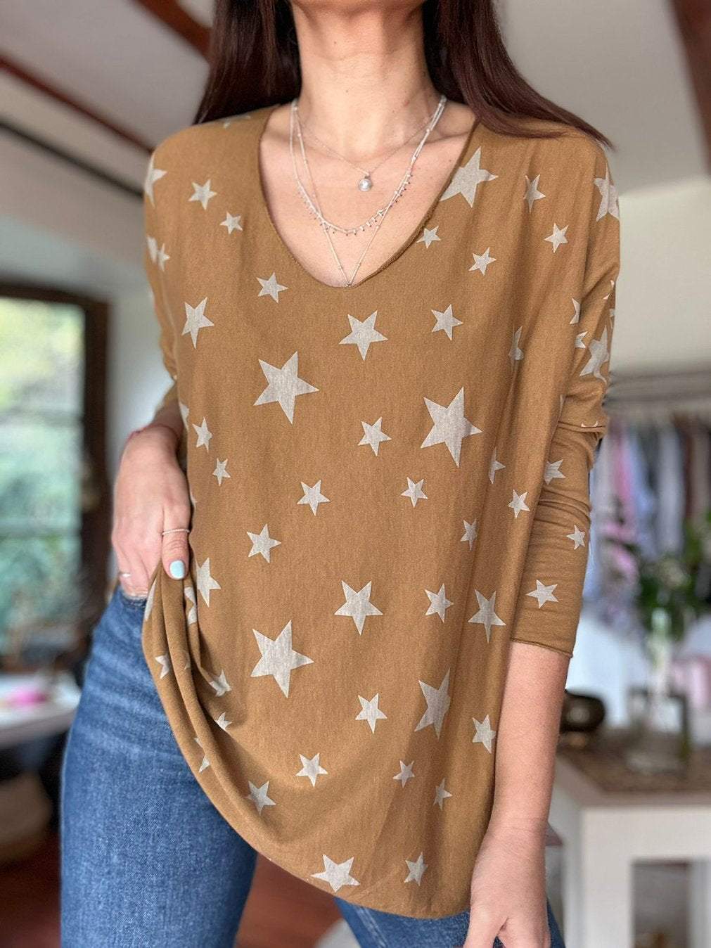 Women's Casual Star Print Round Neck Long Sleeve Top