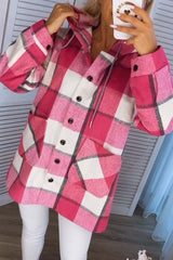 Women's Loose Plaid Color Block Hooded Jacket