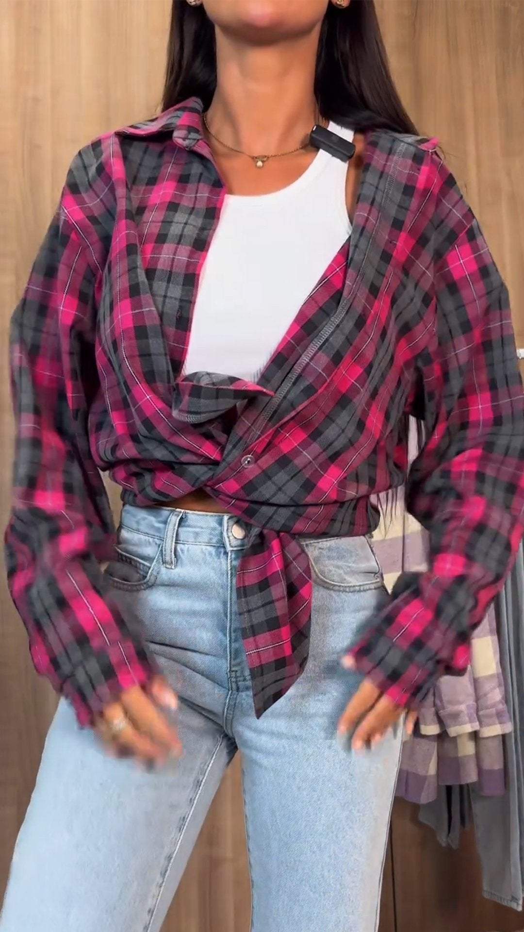 Women's Lapel Long Sleeve Plaid Casual Shirt