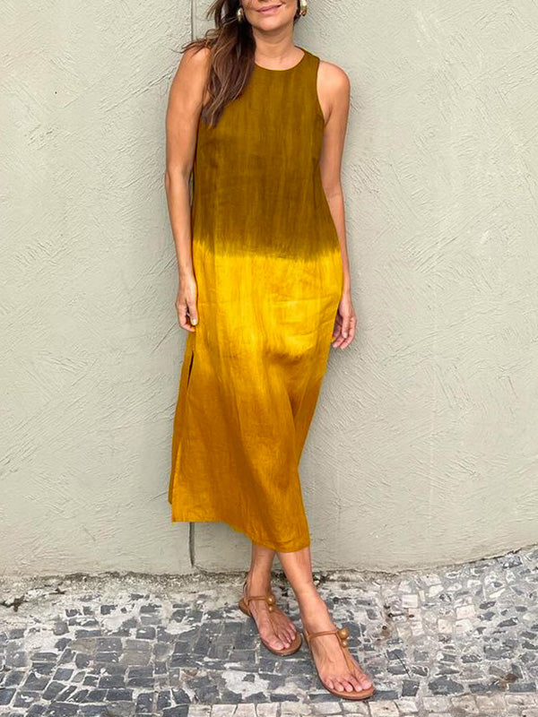 Casual cotton and linen slit gradient tie-dye long dress