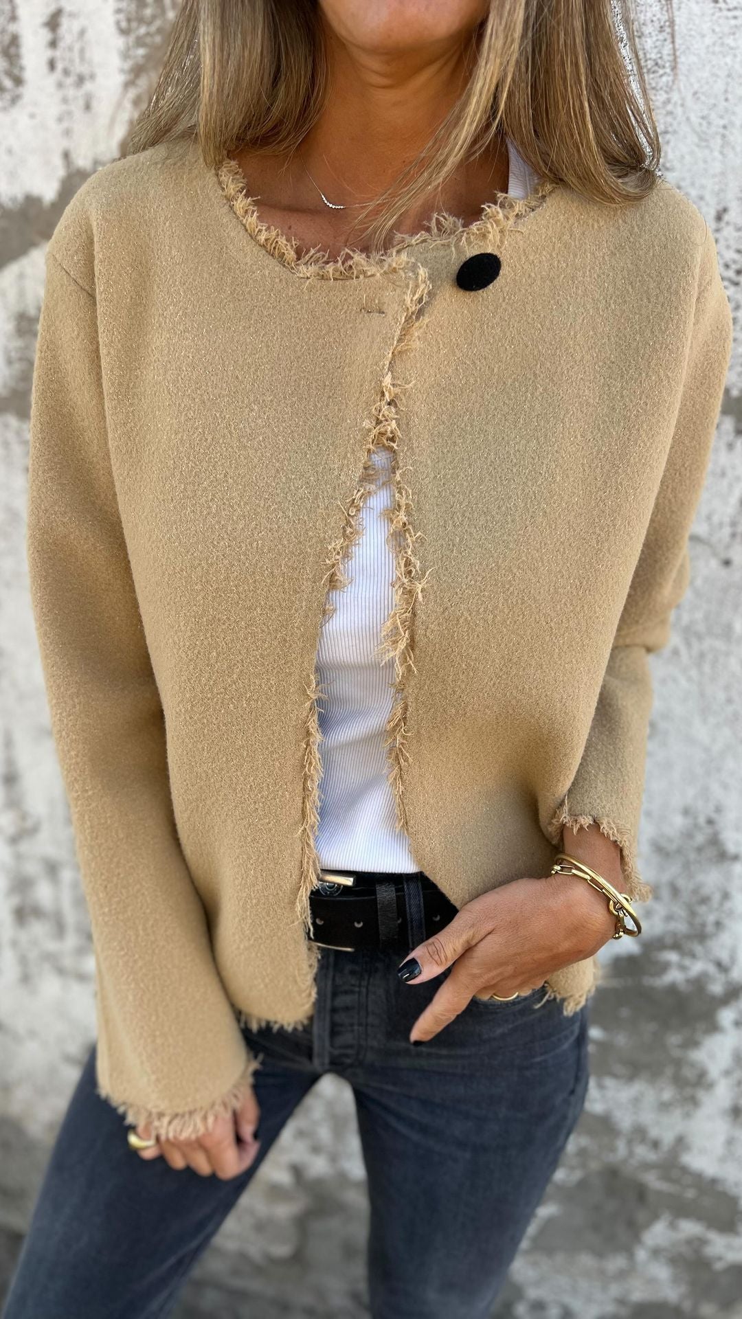 Women's Round Neck Long Sleeve Frayed Edge Casual Jacket