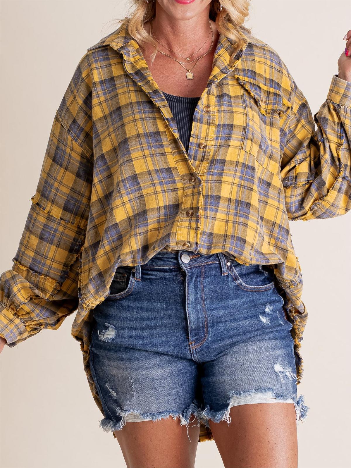 Women's Lapel Long Sleeve Plaid Shirt