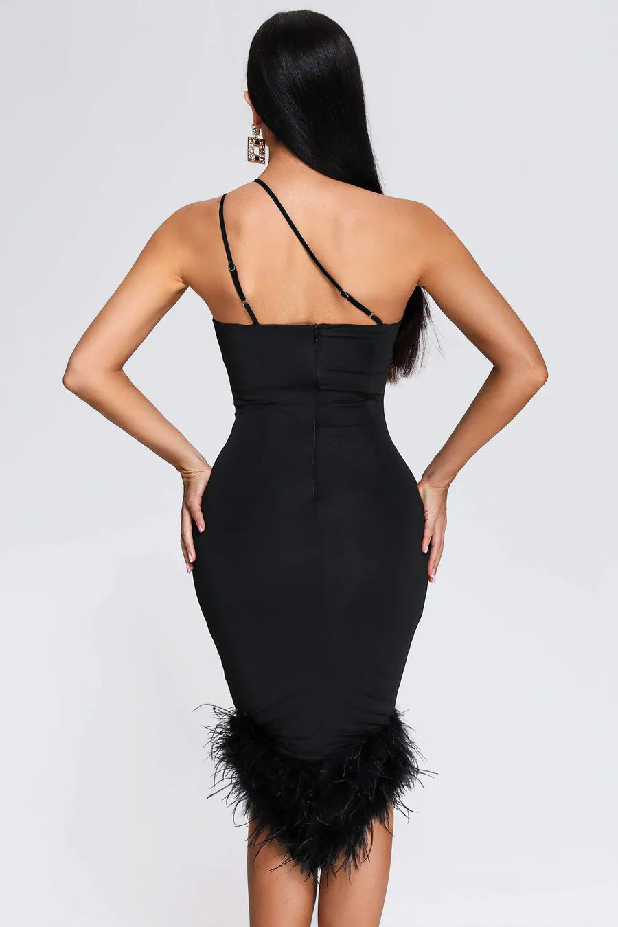 Verona Noir - Feather Trim One-Shoulder Dress