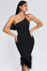 Verona Noir - Feather Trim One-Shoulder Dress