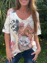 Women's V-neck Short-sleeved Cat Print Casual Top