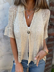 Women's V-neck Mid-sleeve Hollow Cardigan Top