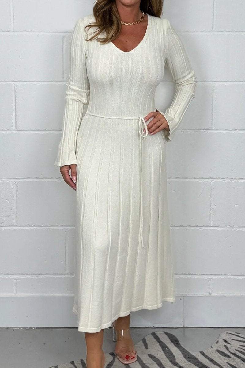 Women's Ribbed V-Neck Long Sleeve Tie Waist Knitted Maxi Dress