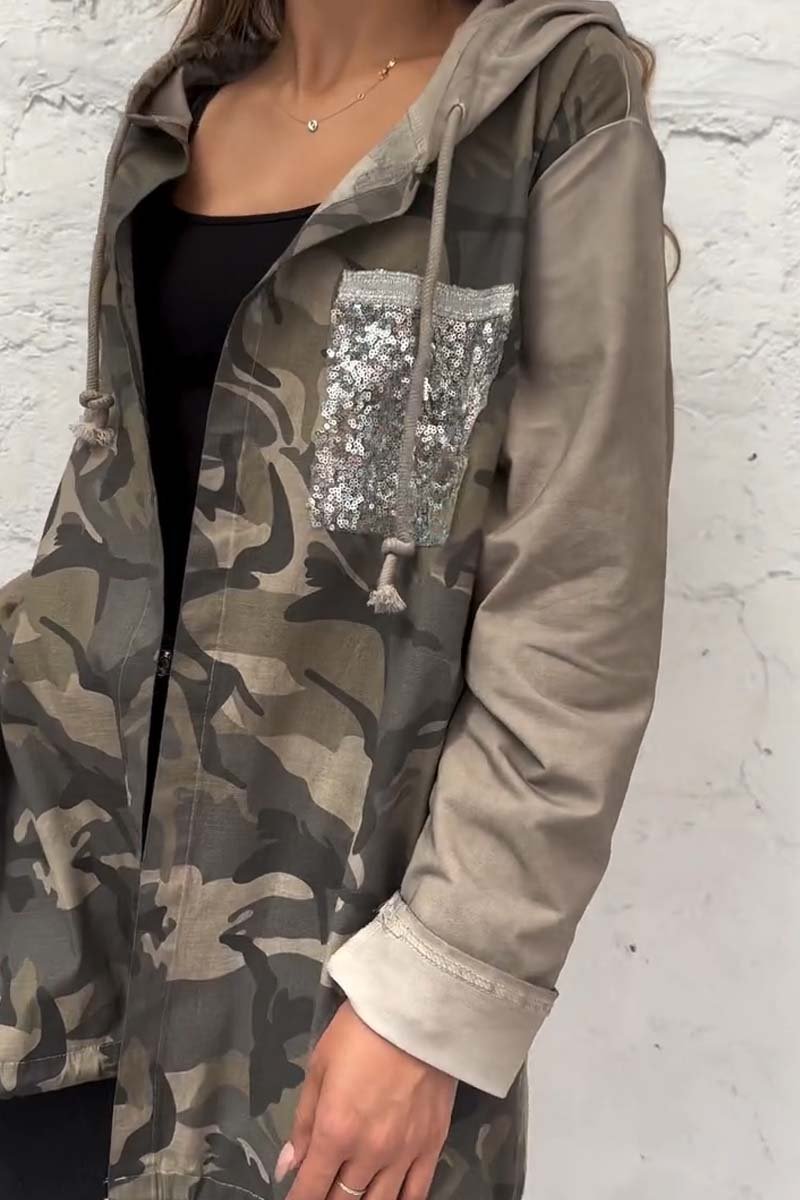 Women's Casual Pocket Patchwork Sequin Camouflage Hooded Jacket