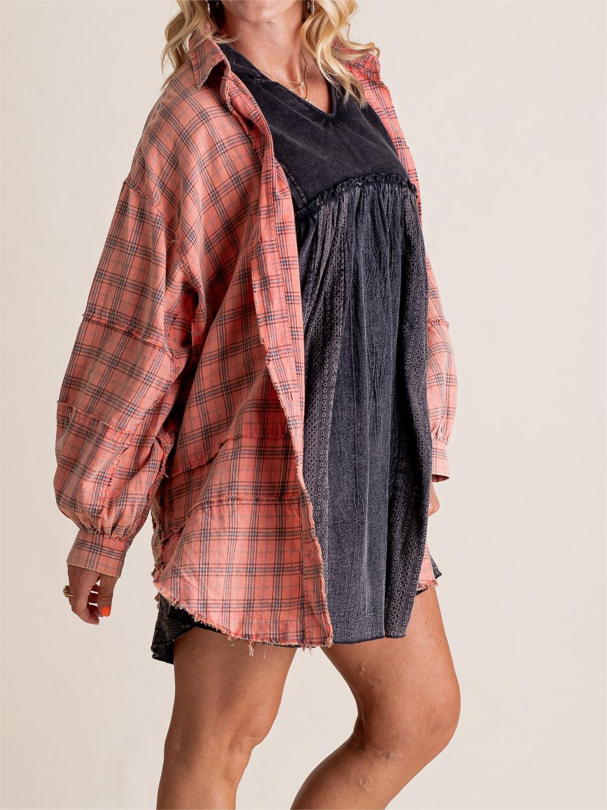 Women's Lapel Long Sleeve Plaid Shirt