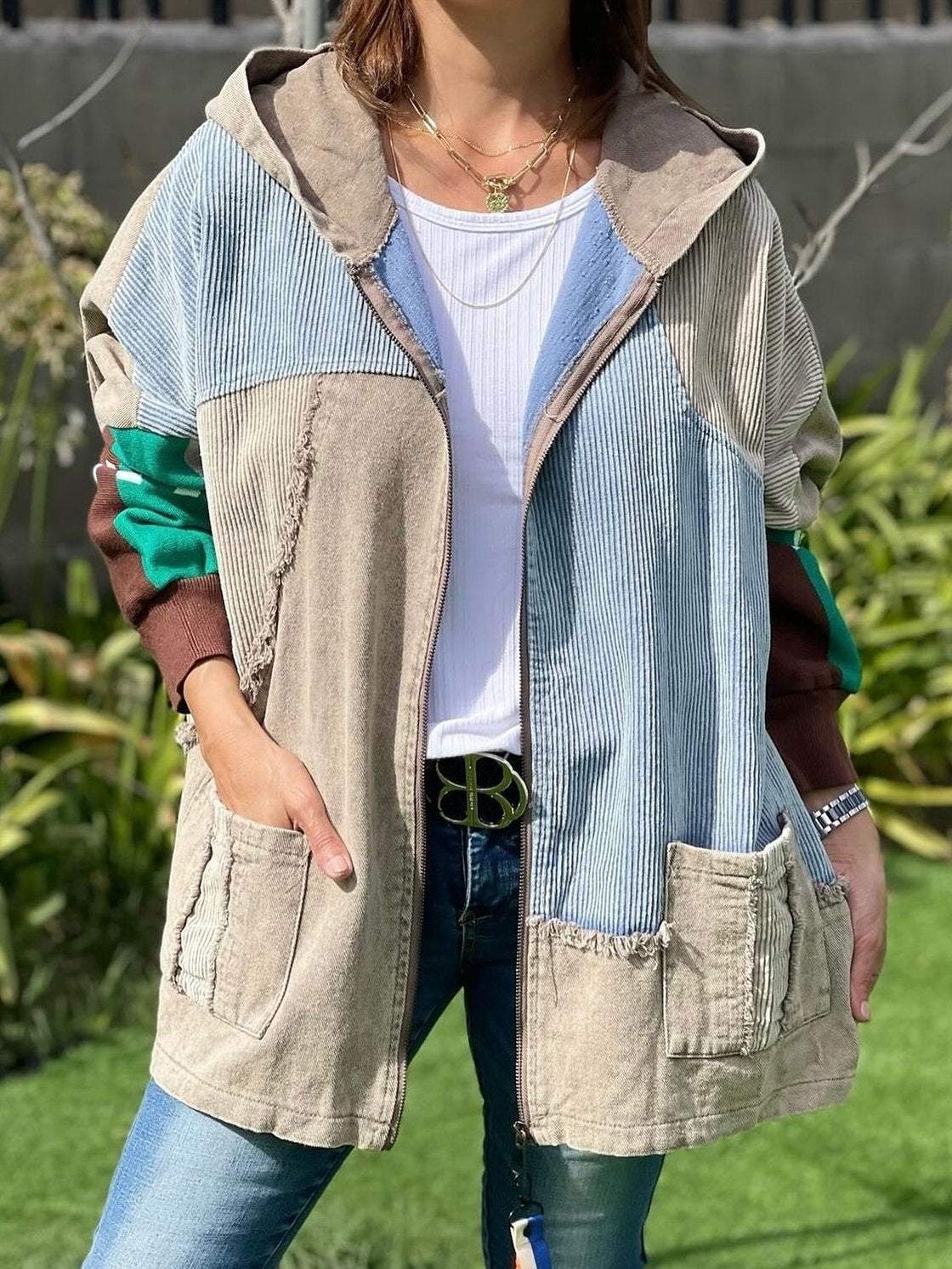 Women's Striped Patchwork Denim Hooded Jacket