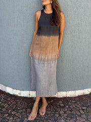 Casual cotton and linen slit gradient tie-dye long dress