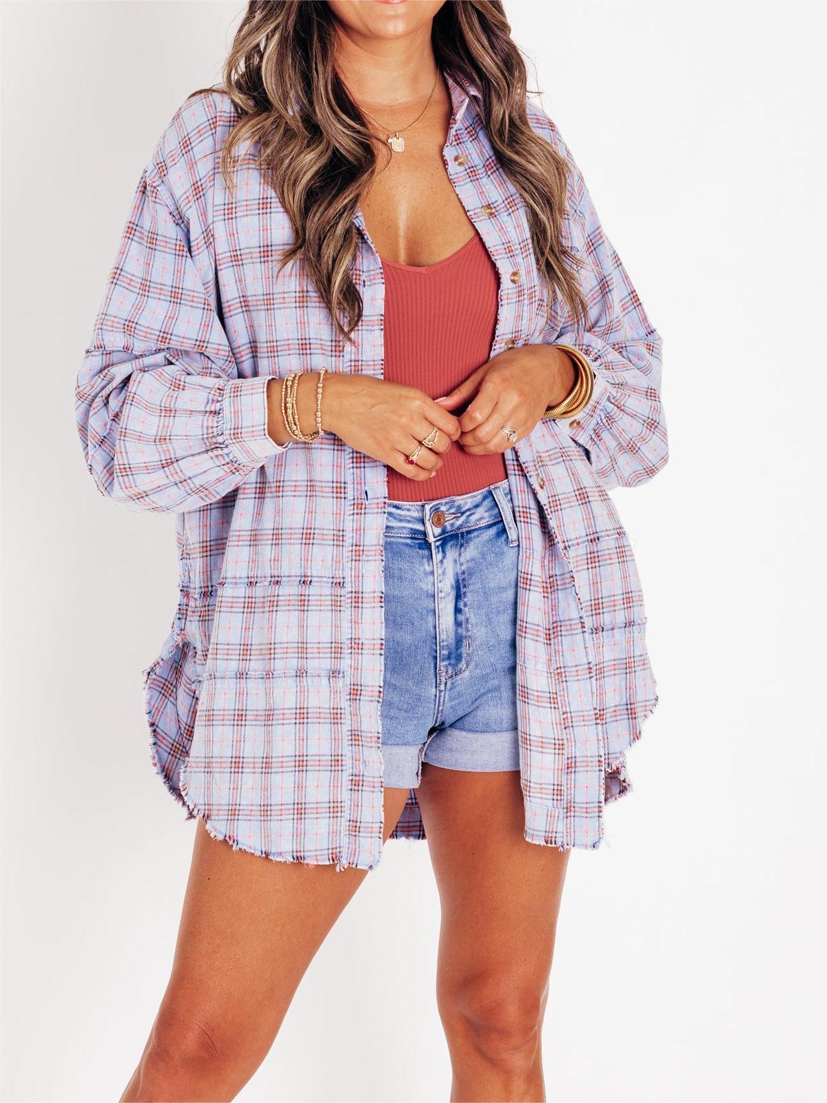 Women's Lapel Long Sleeve Plaid Shirt