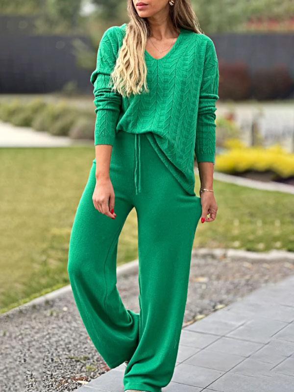 Women's Sweater Knitted Solid Color Pattern Top and Pants Two-piece Set