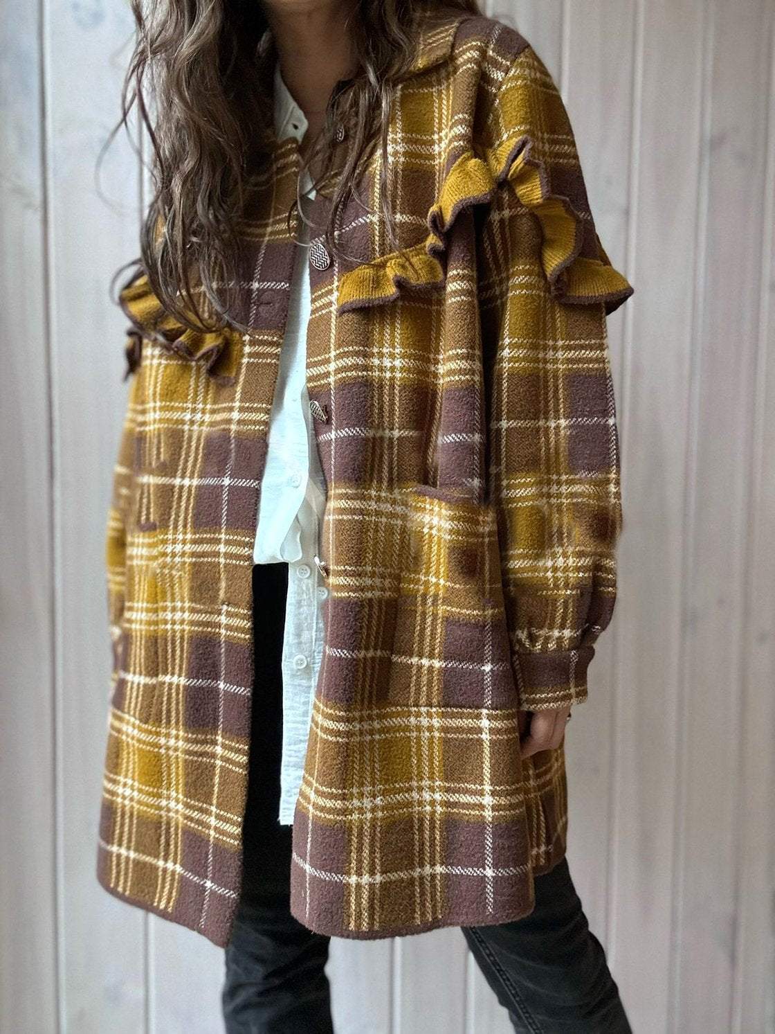 Women's Casual Plaid Pocket Mid-length Coat