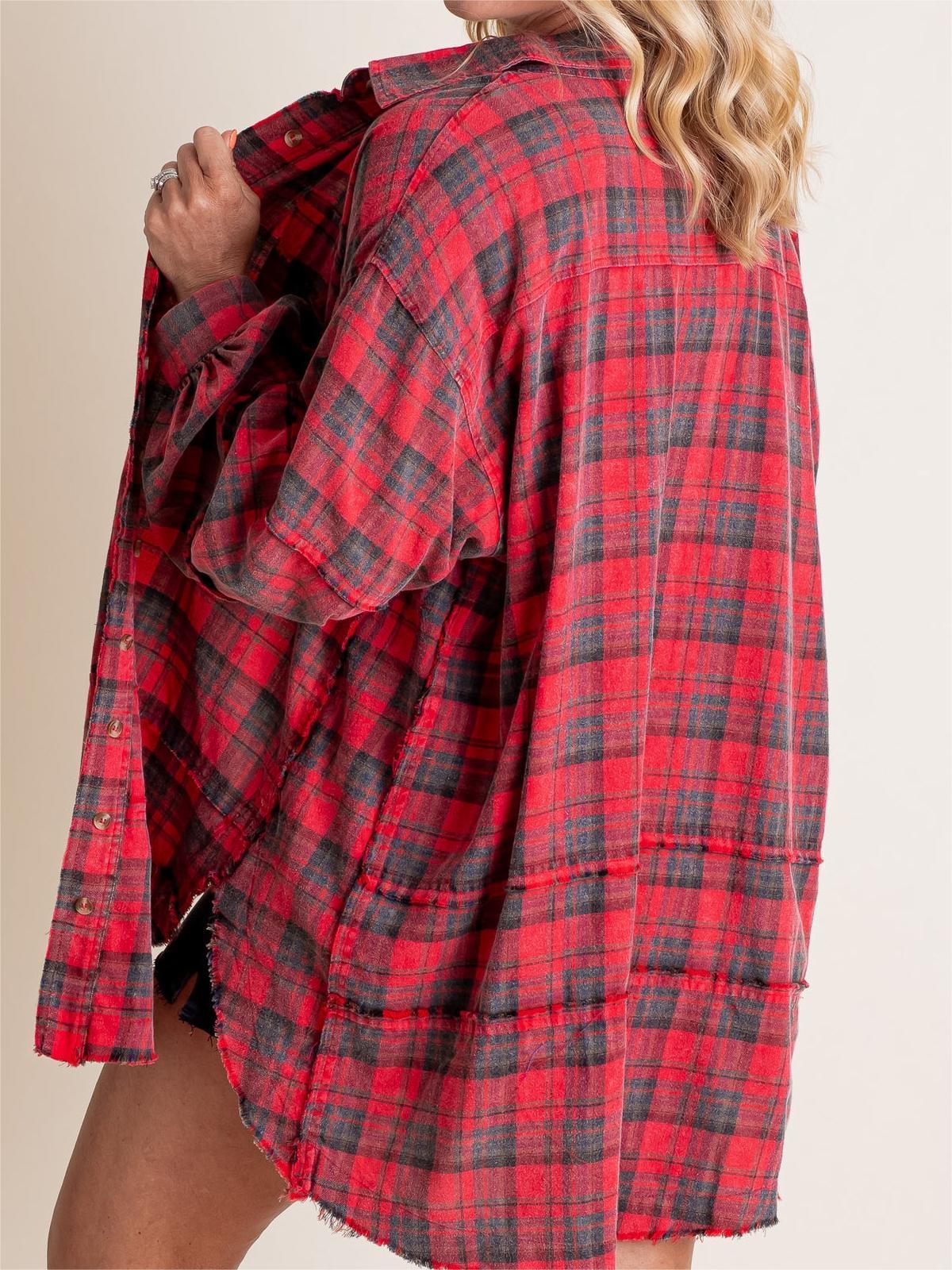 Women's Lapel Long Sleeve Plaid Shirt