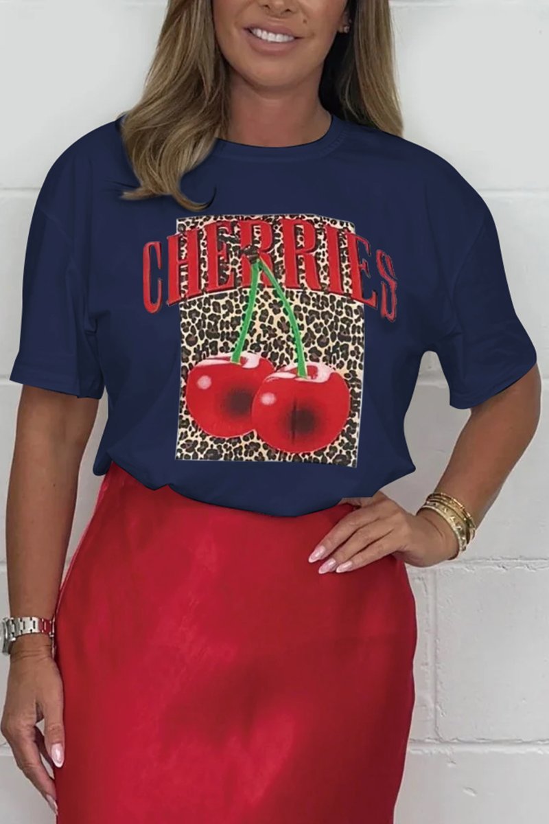 Women's Cherry Graphic Leopard Print T-Shirt