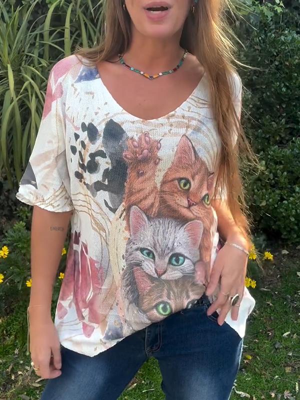 Women's V-neck Short-sleeved Cat Print Casual Top