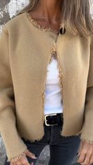 Women's Round Neck Long Sleeve Frayed Edge Casual Jacket