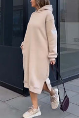 Women's Casual Hem Slit Hooded Sweatshirt Dress