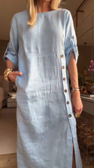 Women's Round Neck Mid-sleeve Cotton and Linen Casual Dress