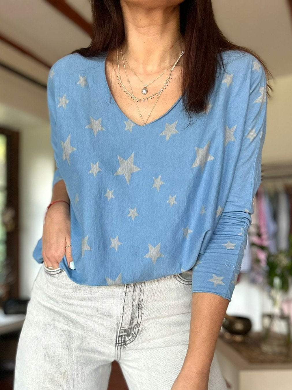 Women's Casual Star Print Round Neck Long Sleeve Top