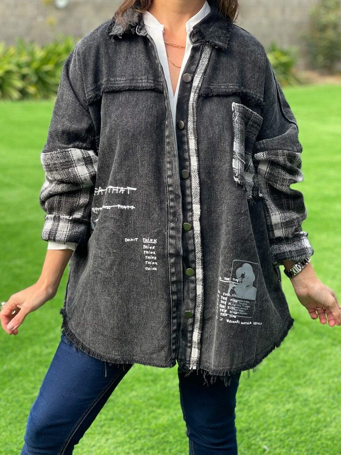 Women's Casual Plaid Patchwork Denim Jacket