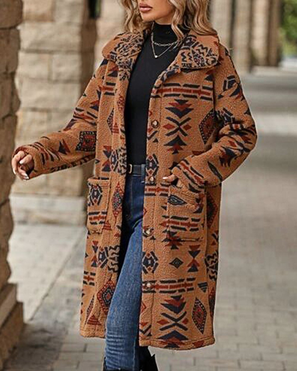 Women's Western Retro Print Long Sleeve Coat