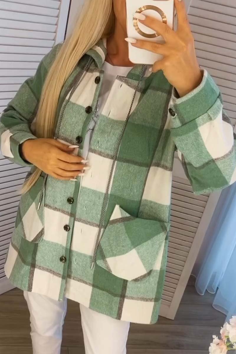 Women's Loose Plaid Color Block Hooded Jacket