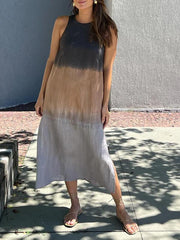 Casual cotton and linen slit gradient tie-dye long dress