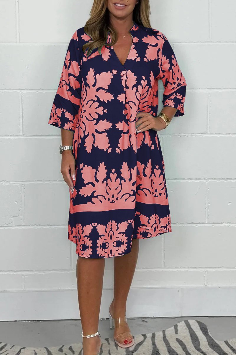 Women's V neck patterned tunic long sleeve dress