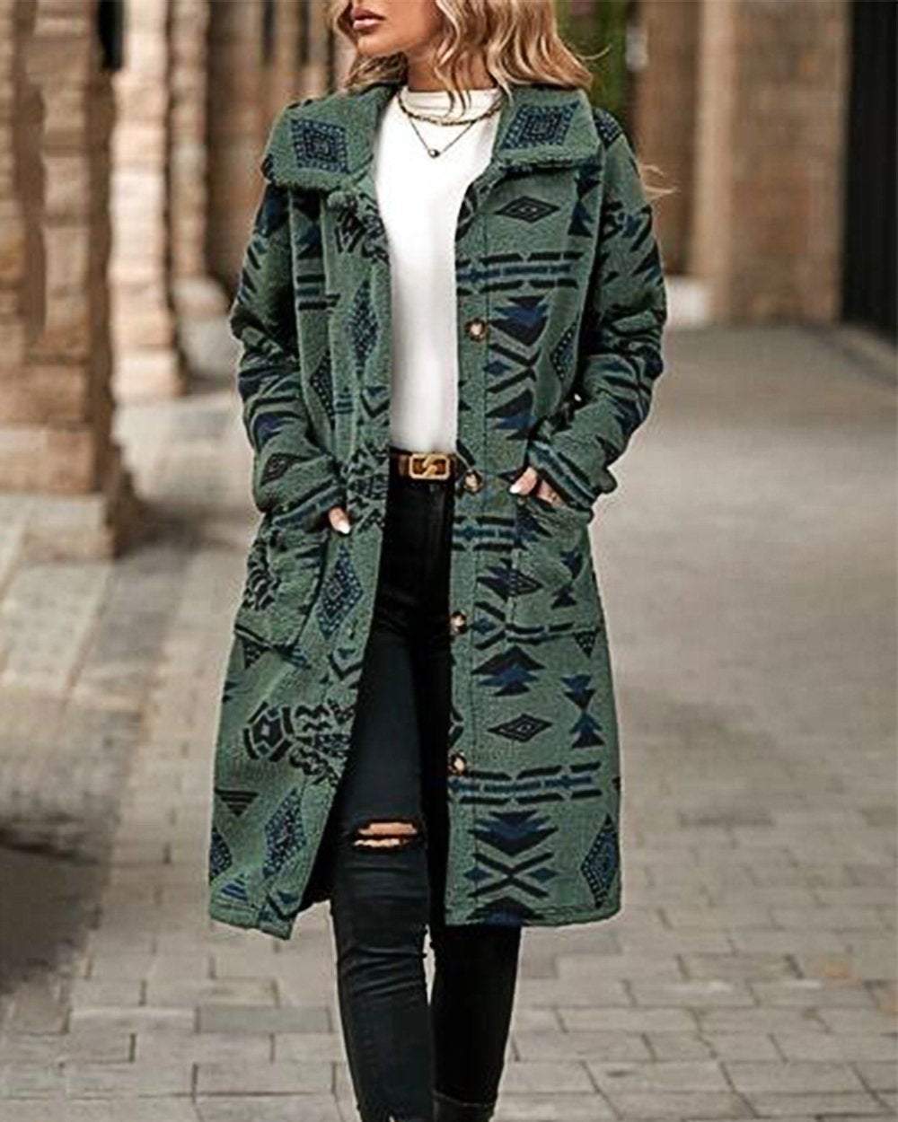 Women's Western Retro Print Long Sleeve Coat