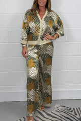 Women's Leaf Print Satin Cardigan & Trouser Co-Ord