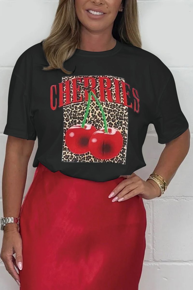 Women's Cherry Graphic Leopard Print T-Shirt