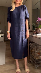 Women's Round Neck Mid-sleeve Cotton and Linen Casual Dress