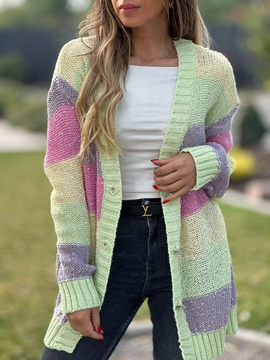 Women's Casual Contrast Color Striped Knitted Cardigan