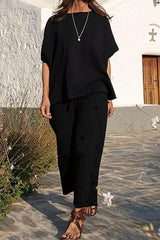 Women's Bat Sleeve Shawl Round Neck Pullover Top Wide Leg Pants Casual Suit