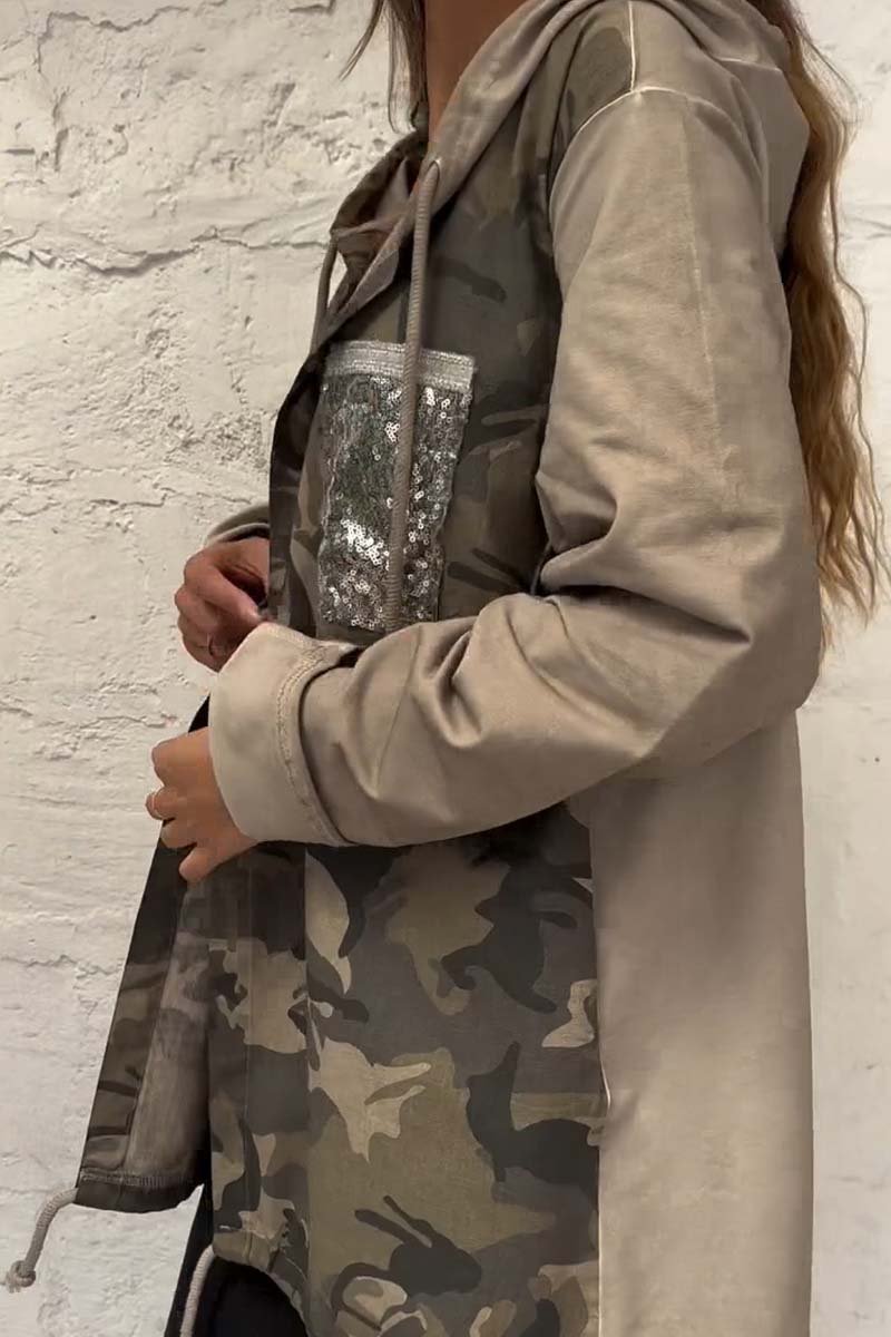 Women's Casual Pocket Patchwork Sequin Camouflage Hooded Jacket