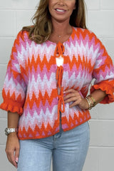 Women's Cropped Zig Zag Frill Sleeve Cardigan