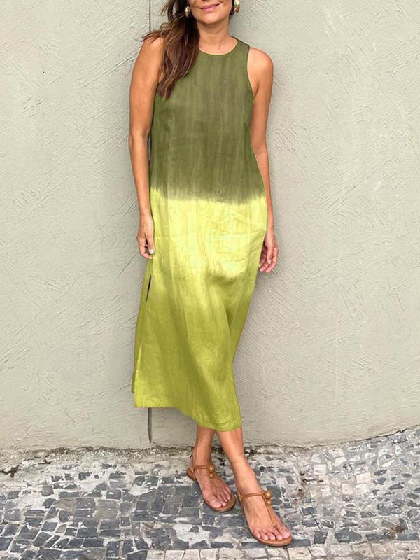 Casual cotton and linen slit gradient tie-dye long dress