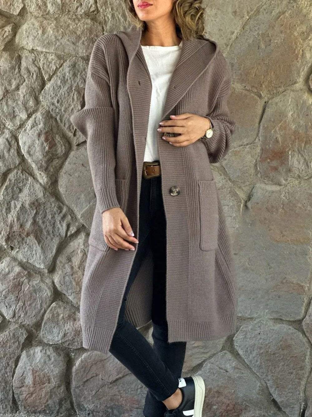 Women's Solid Color Knitted Sweater Hooded Long Coat