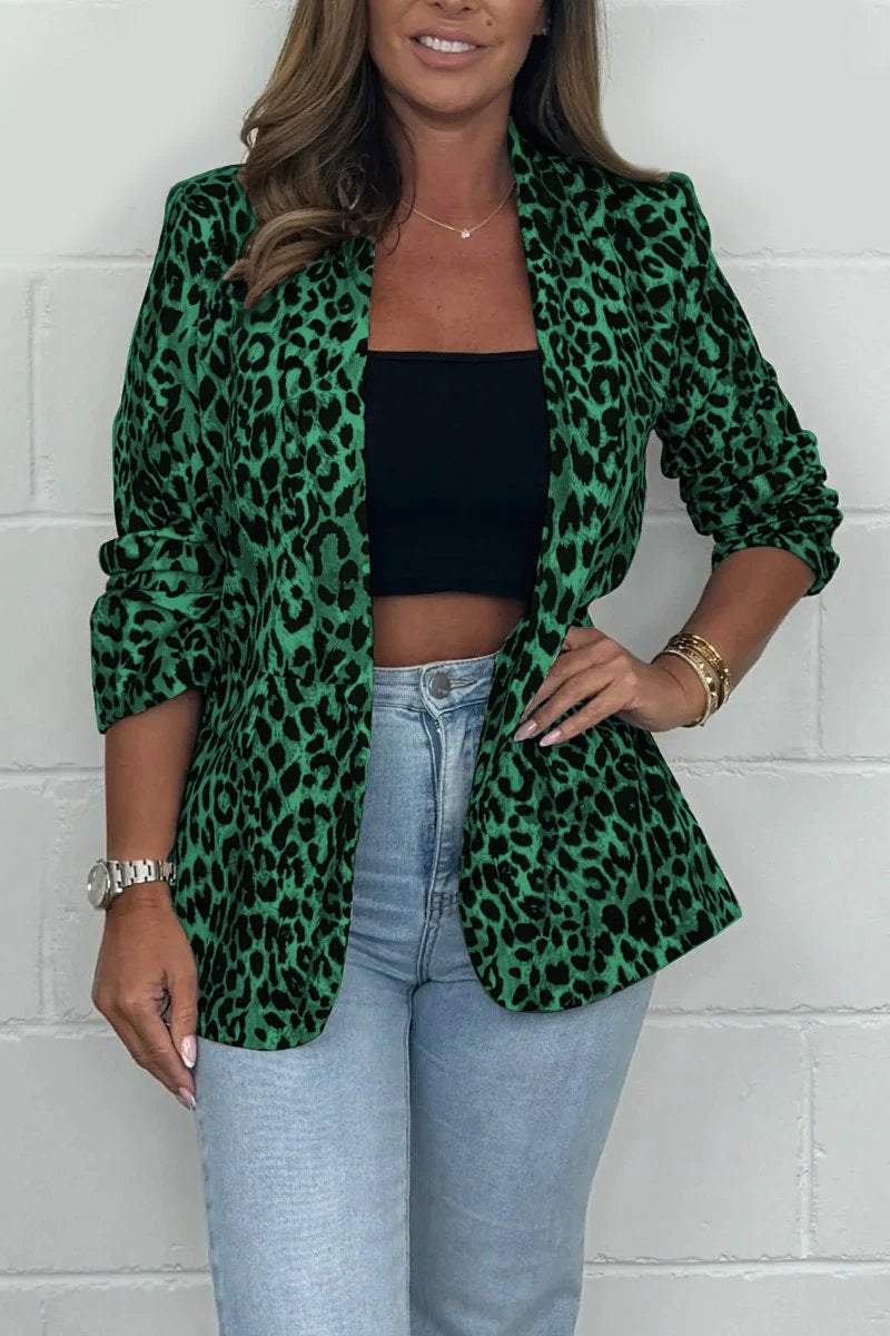 Women's Leopard Print 3/4 Ruched Sleeve Blazer