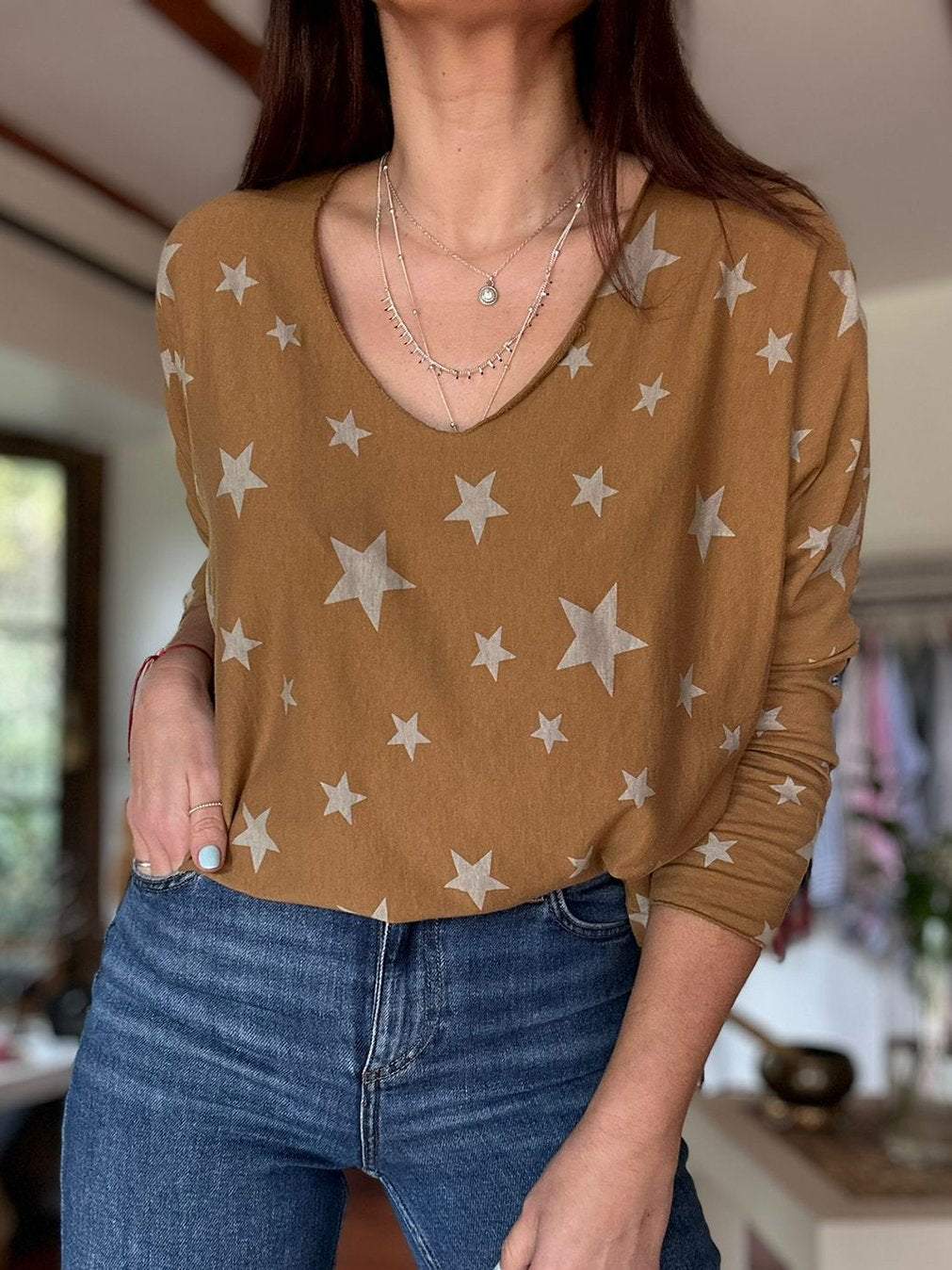 Women's Casual Star Print Round Neck Long Sleeve Top