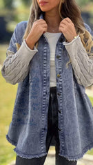 Denim Paneled Knit Hooded Jacket