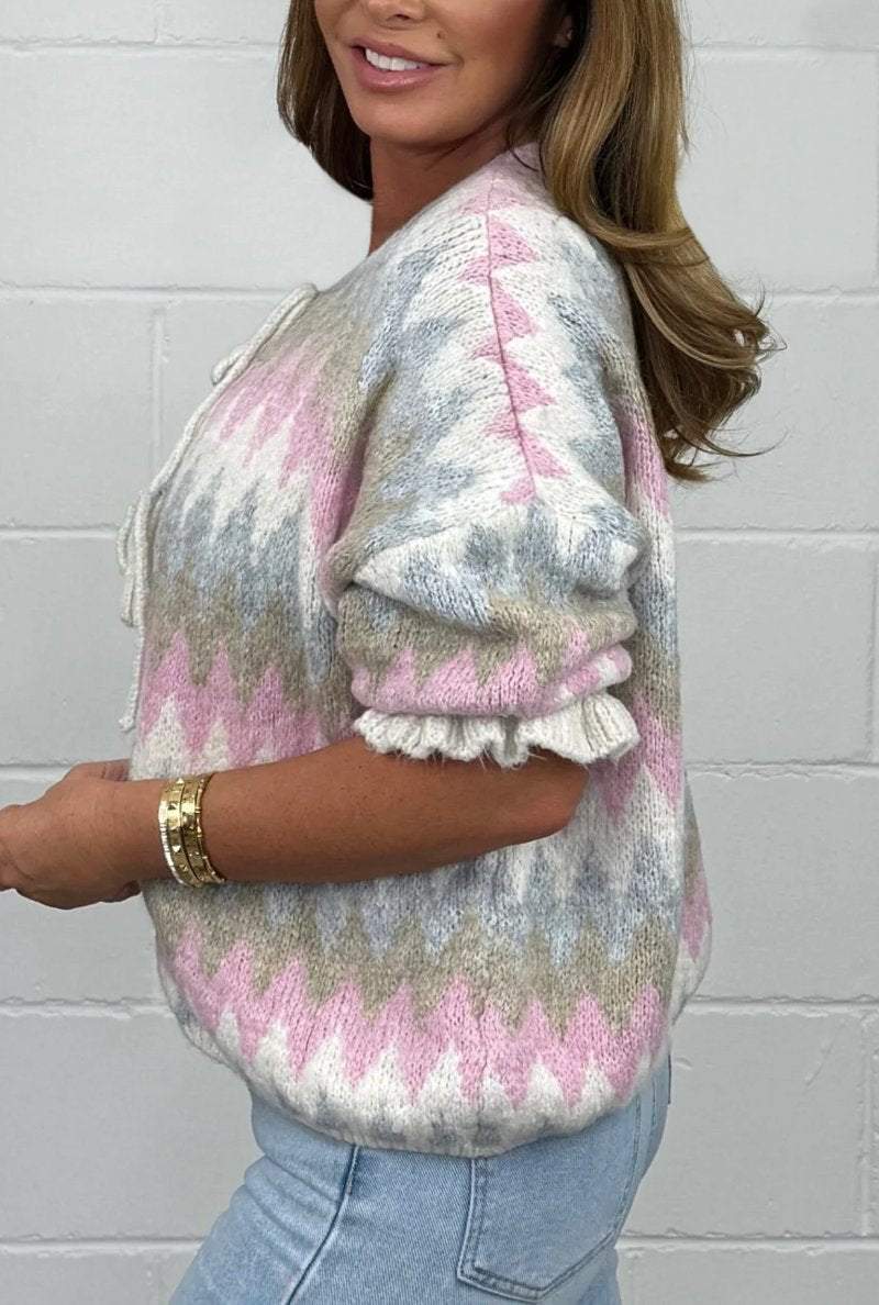 Women's Cropped Zig Zag Frill Sleeve Cardigan