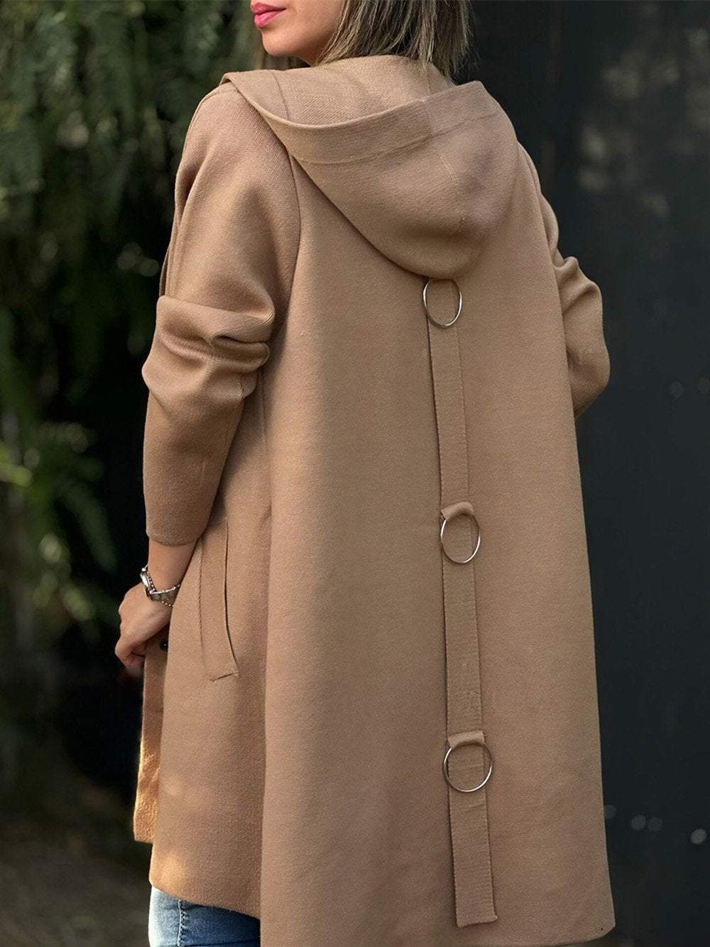 Women's Solid Color Woolen Fabric Hooded Cape Jacket